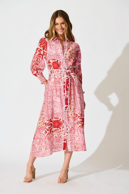Tessa Maxi Shirt Dress in Pink with Red Cotton Blend