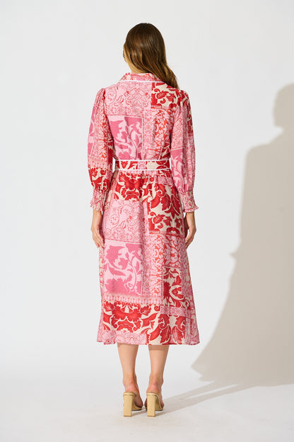 Tessa Maxi Shirt Dress in Pink with Red Cotton Blend