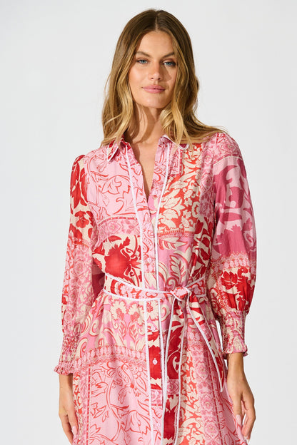 Tessa Maxi Shirt Dress in Pink with Red Cotton Blend