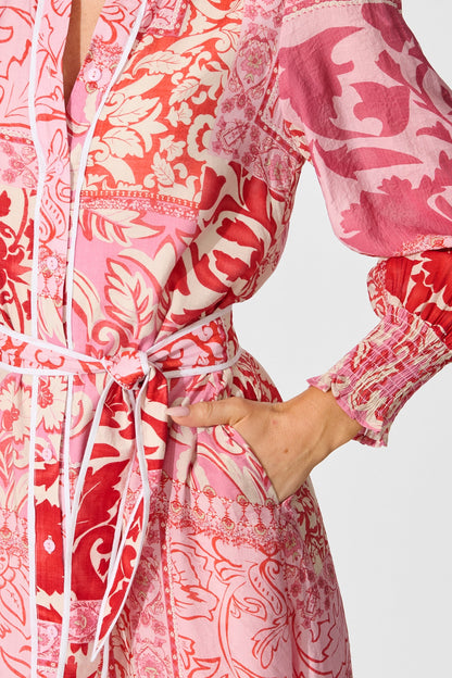 Tessa Maxi Shirt Dress in Pink with Red Cotton Blend