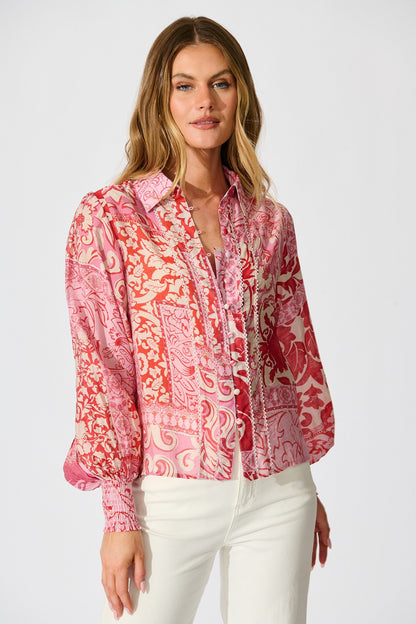 Emma Shirt in Pink with Red Cotton Blend