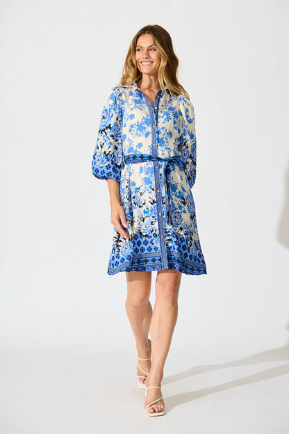 Starlet Boho Shirt Dress in Blue Floral Linen Blend