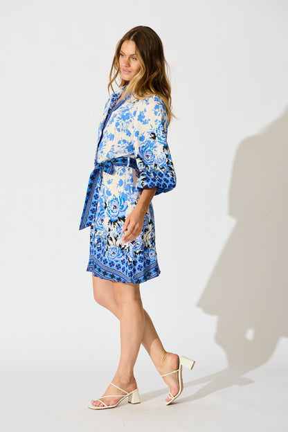 Starlet Boho Shirt Dress in Blue Floral Linen Blend