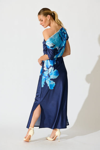 Sarita Maxi Off Shoulder Dress in Navy Floral Satin