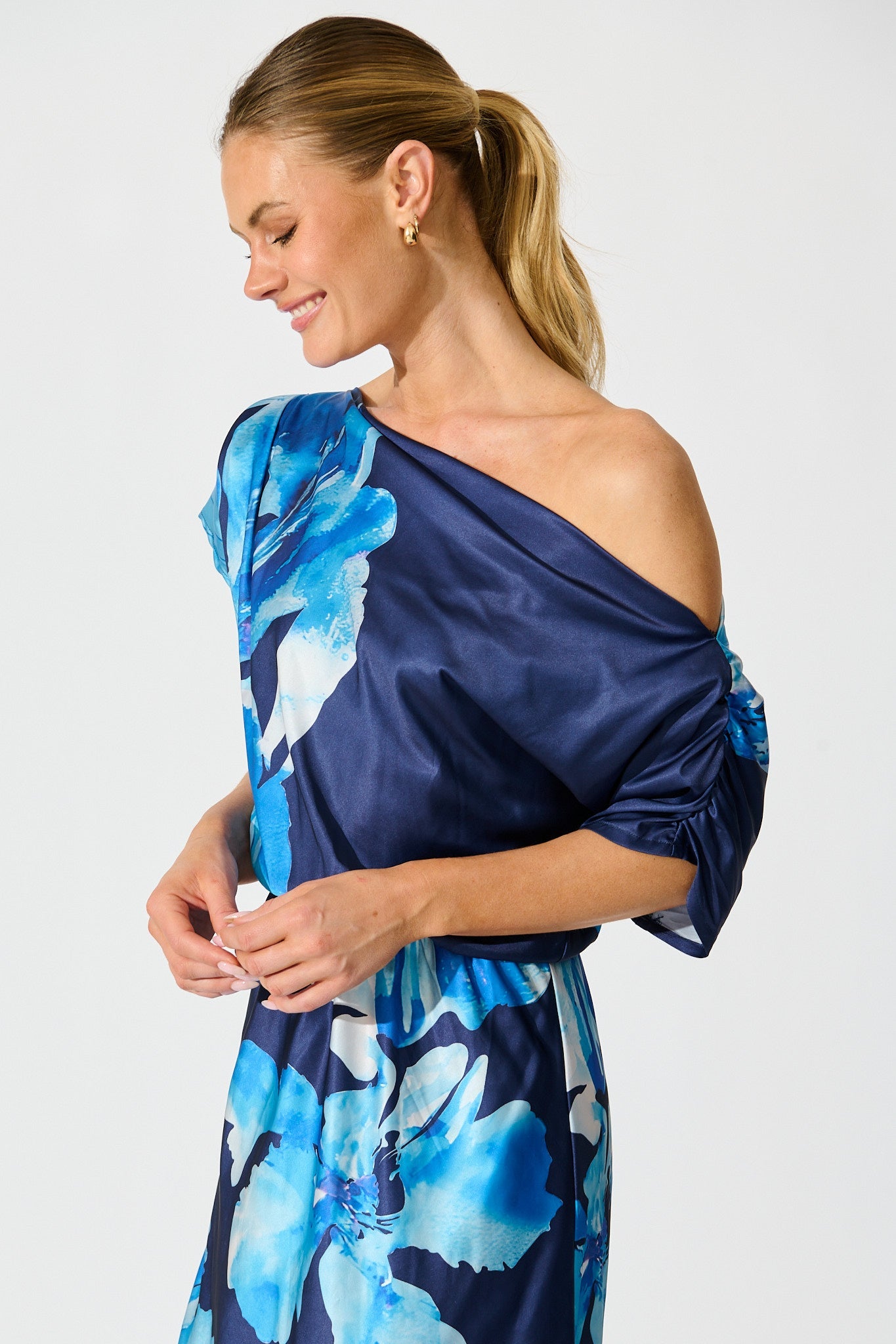 Sarita Maxi Off Shoulder Dress in Navy Floral Satin