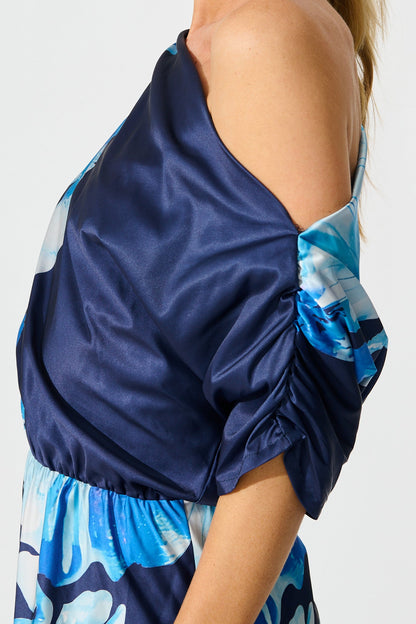 Sarita Maxi Off Shoulder Dress in Navy Floral Satin