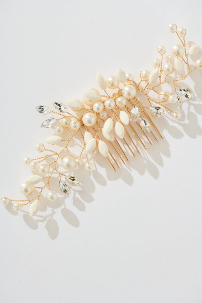 Leona Bridal Hair Comb Clip in Gold with Pearl