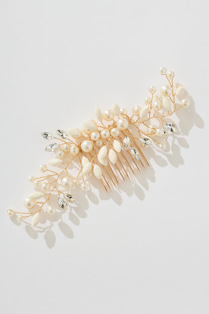 Leona Bridal Hair Comb Clip in Gold with Pearl