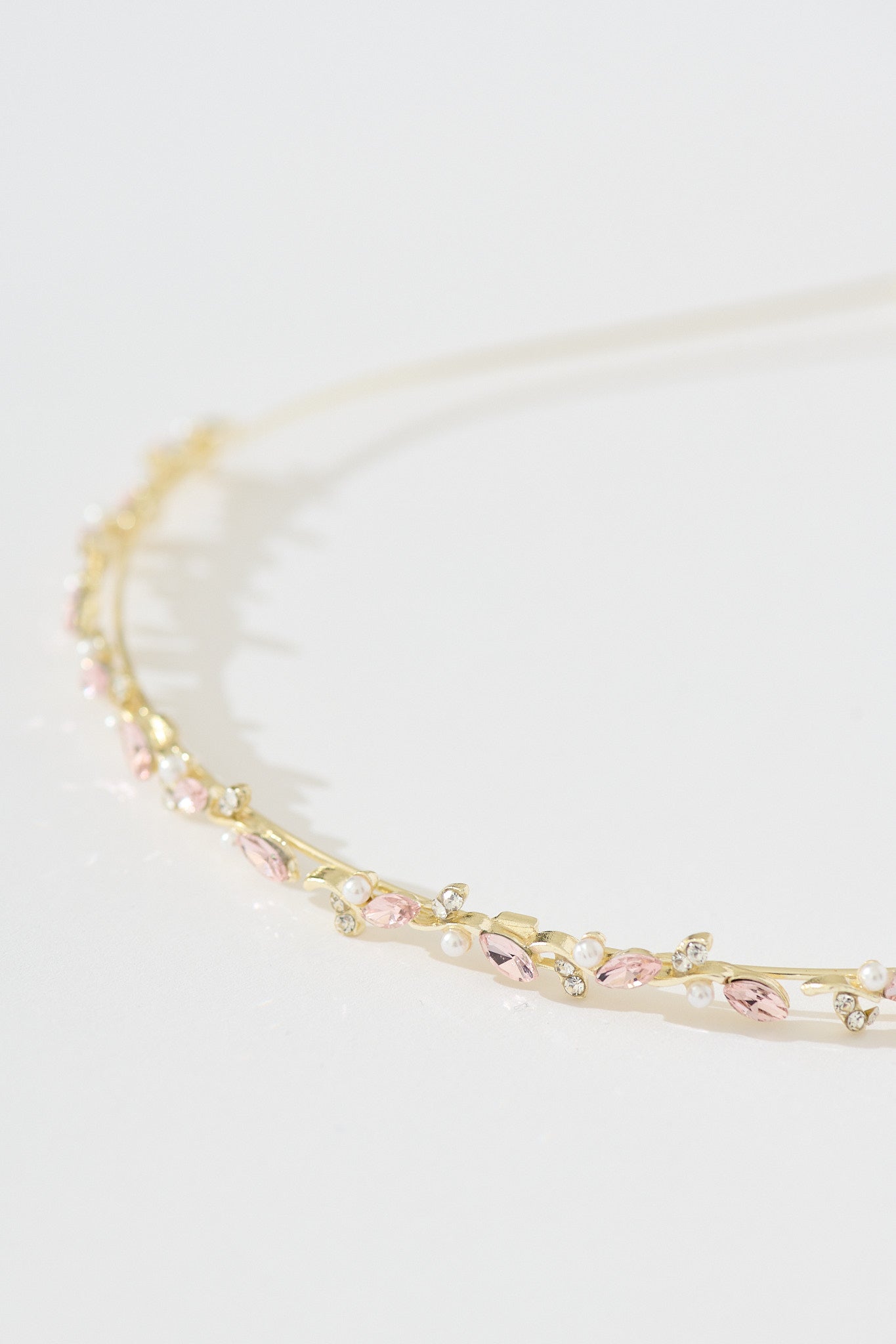 Tiana Headband in Gold with Pink Diamante and Pearl