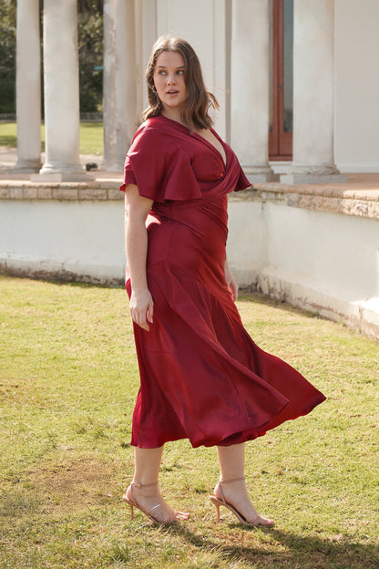 Sunset Serenade Maxi Dress in Wine Satin