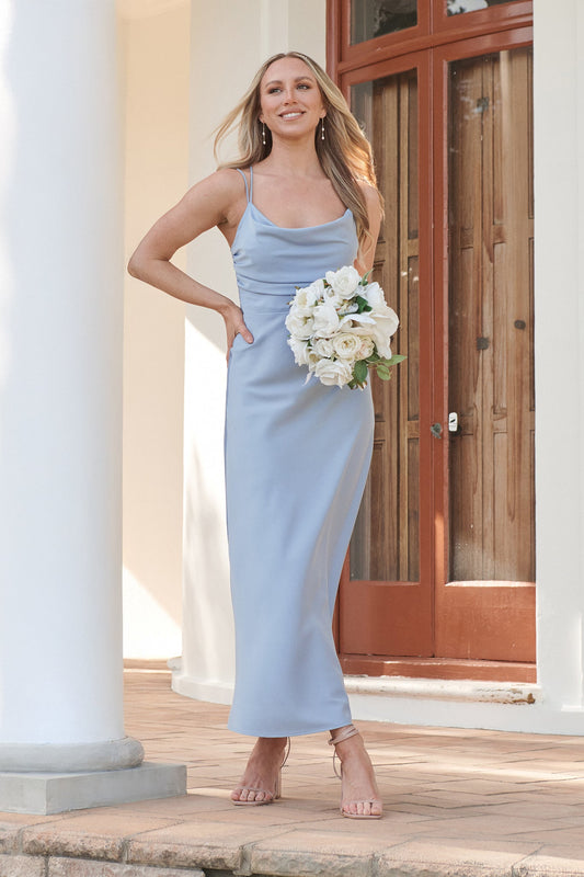 Timeless Whispers Maxi Dress in Ice Blue Satin