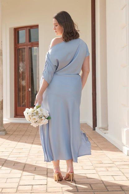 Forever And Always Maxi Off Shoulder Dress in Ice Blue Satin