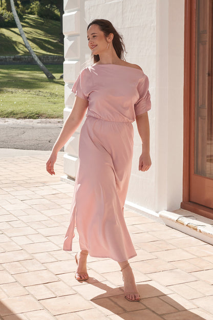 Forever And Always Maxi Off Shoulder Dress in Blush Satin