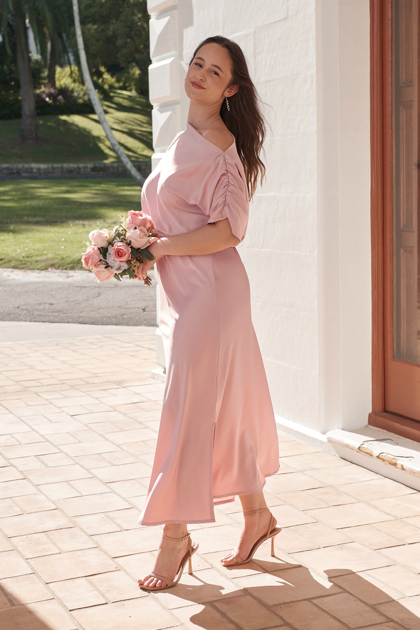Forever And Always Maxi Off Shoulder Dress in Blush Satin