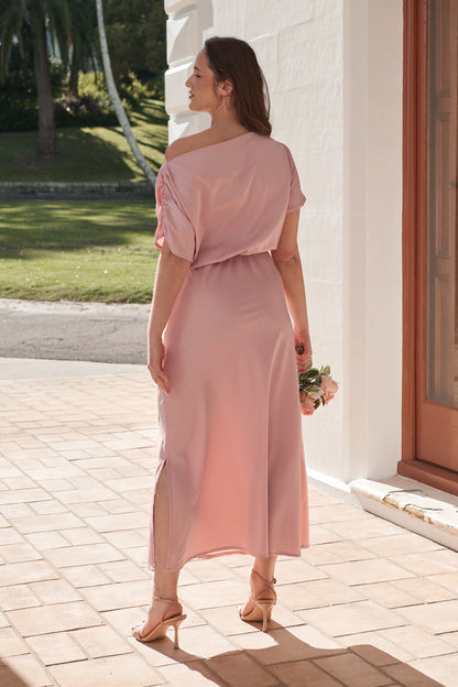 Forever And Always Maxi Off Shoulder Dress in Blush Satin