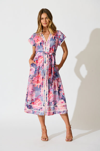 Laylah Midi Dress in Blue with Pink Floral Cotton