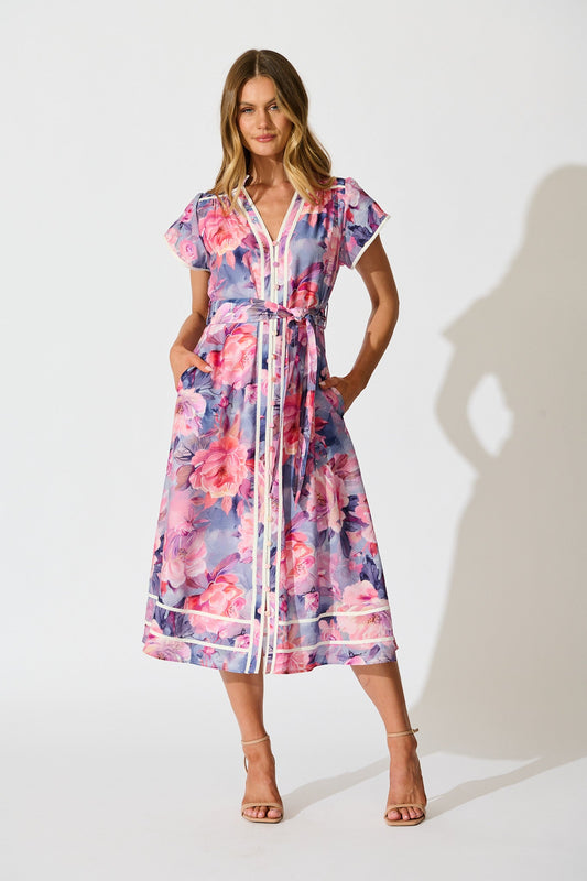 Laylah Midi Dress in Blue with Pink Floral Cotton