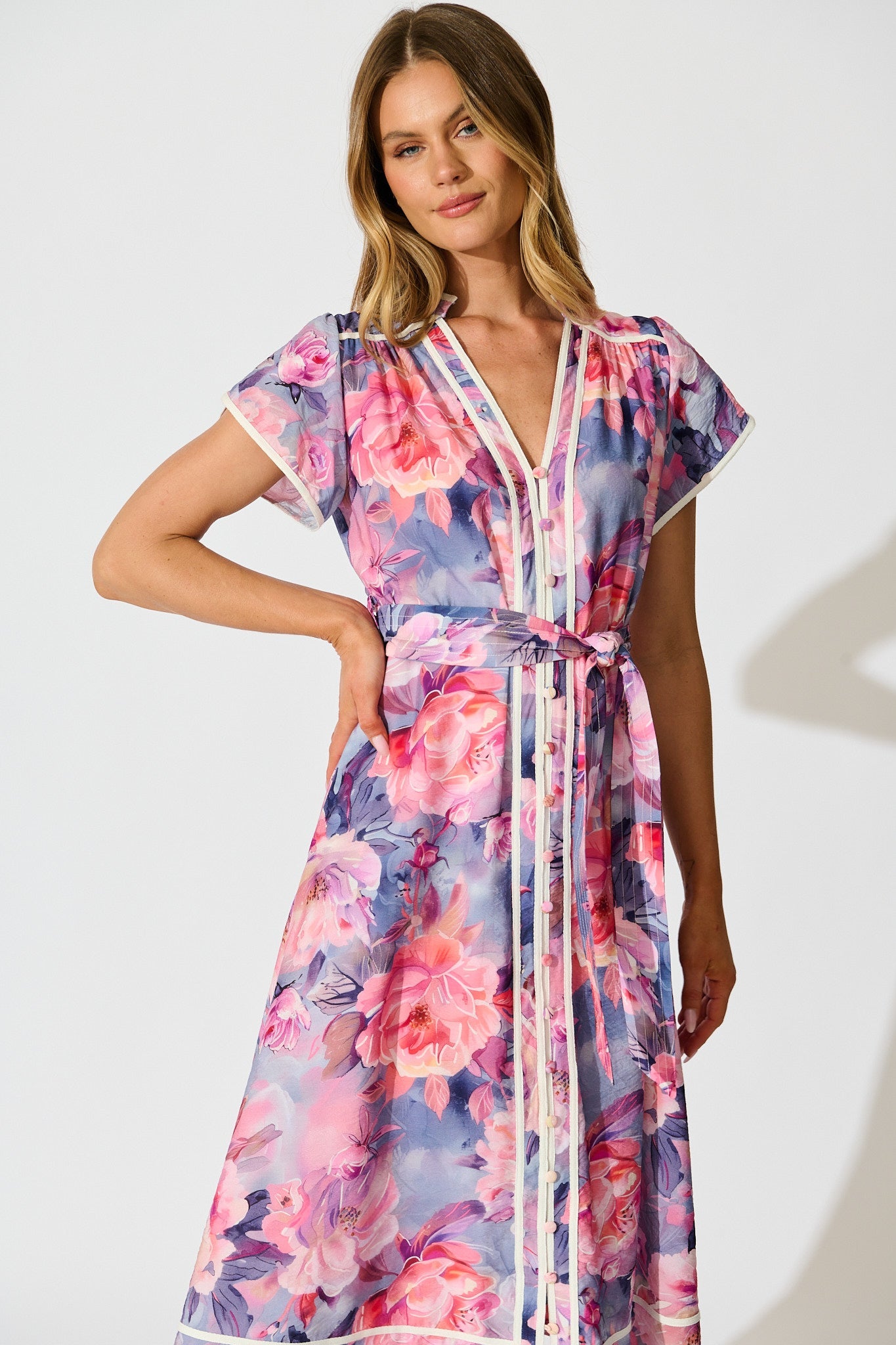 Laylah Midi Dress in Blue with Pink Floral Cotton