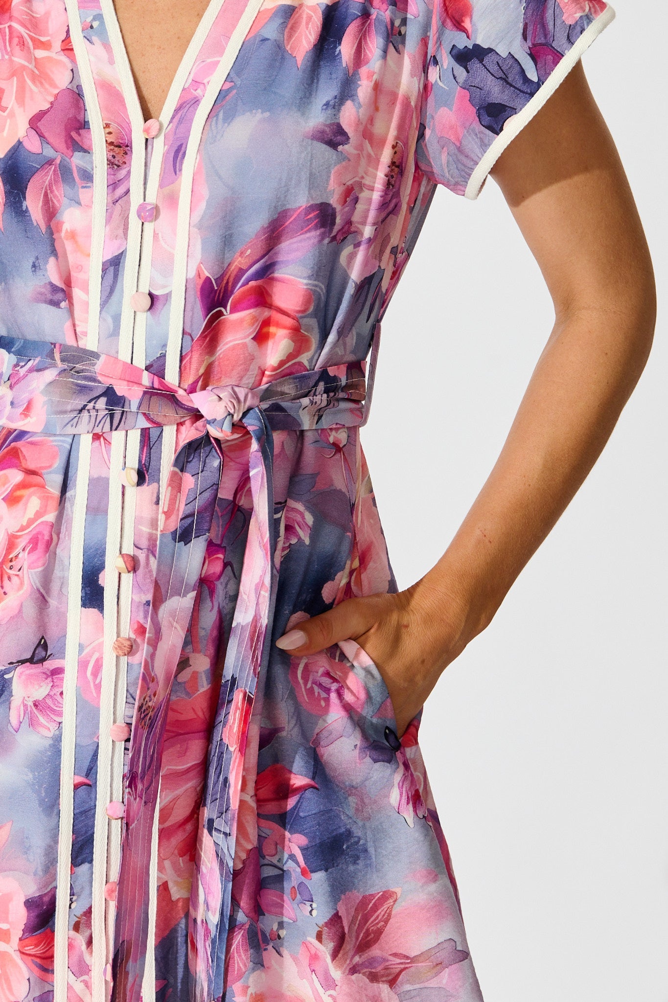 Laylah Midi Dress in Blue with Pink Floral Cotton