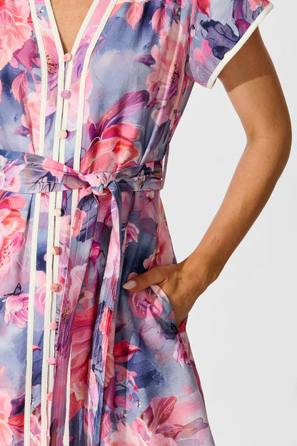 Laylah Midi Dress in Blue with Pink Floral Cotton