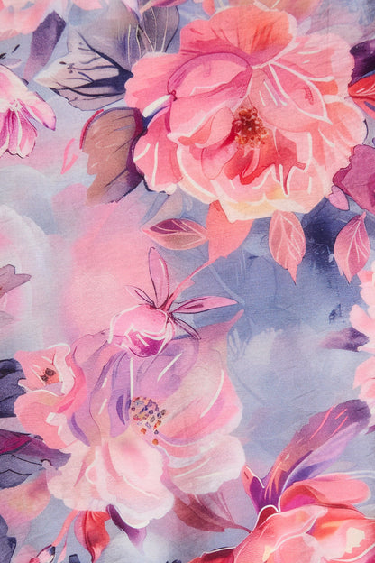 Laylah Midi Dress in Blue with Pink Floral Cotton