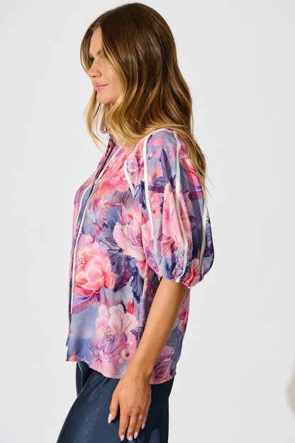 Amelio Shirt in Blue with Pink Floral