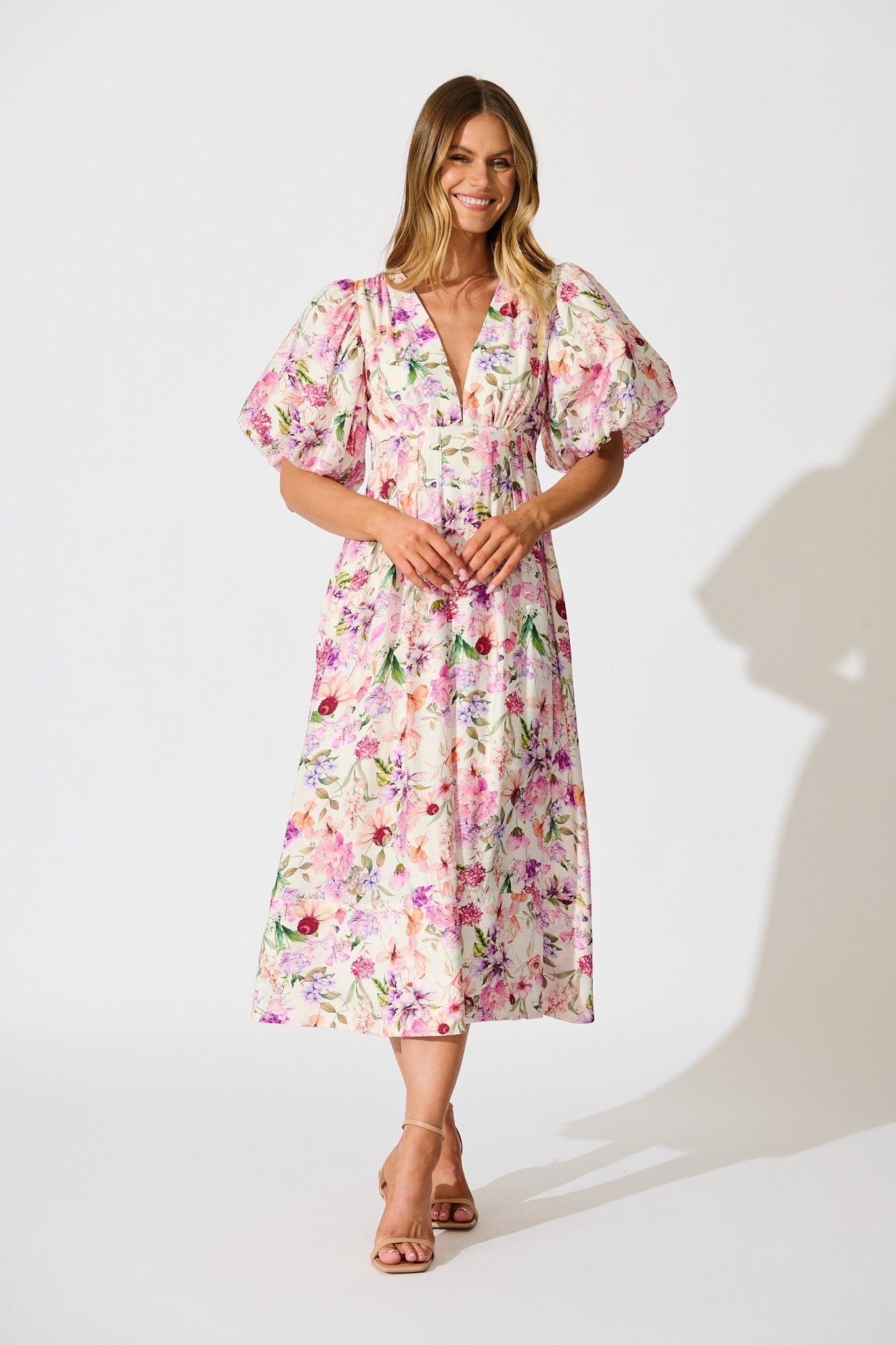 Bloom & Belle Midi Dress in White with Lilac Floral