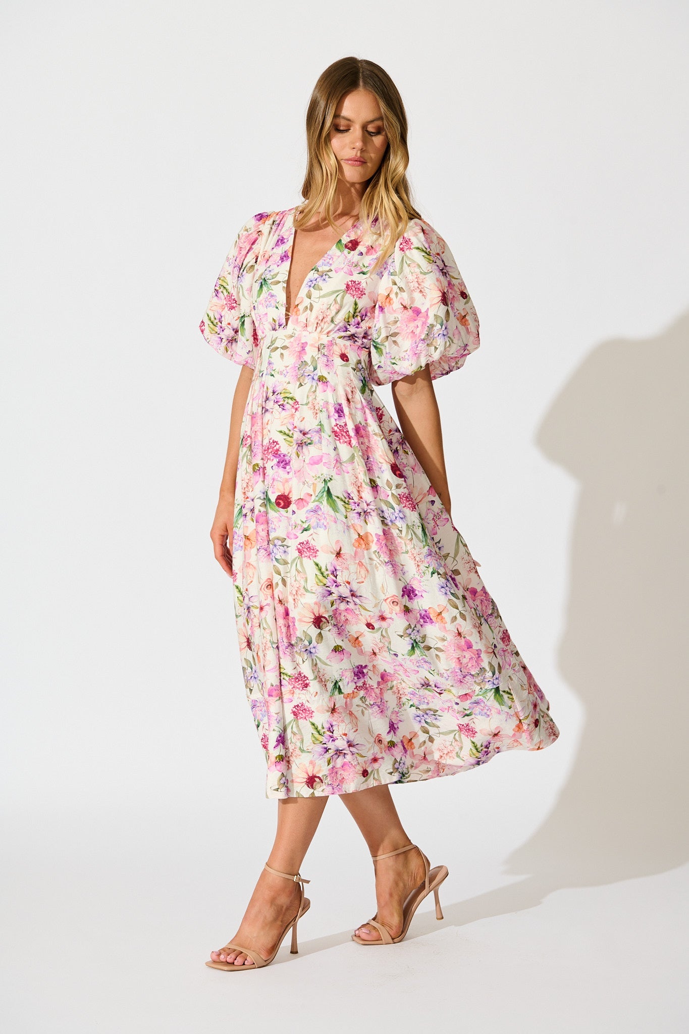 Bloom & Belle Midi Dress in White with Lilac Floral