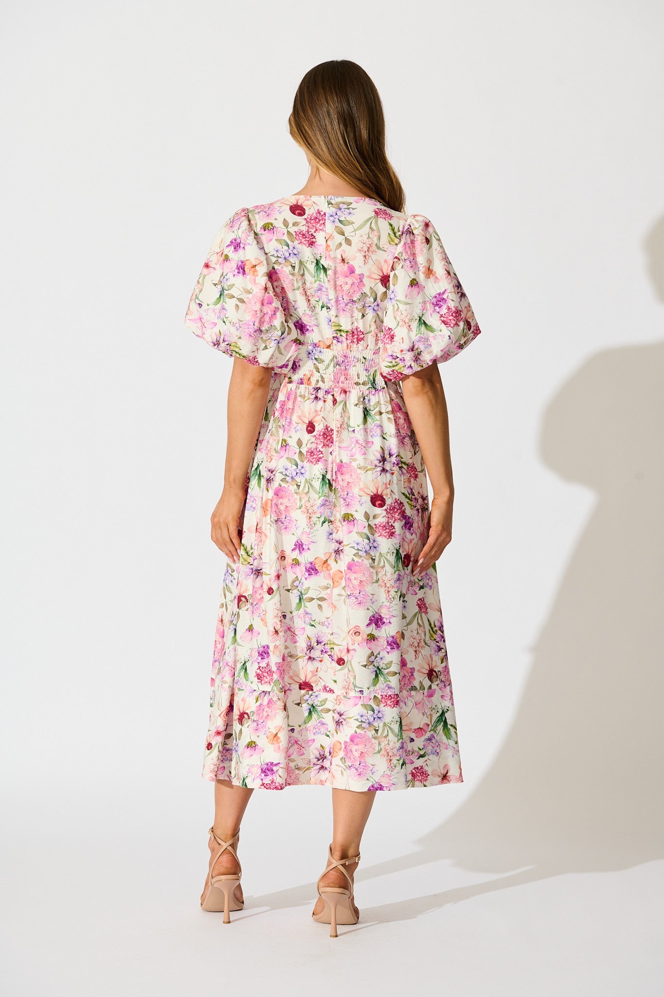 Bloom & Belle Midi Dress in White with Lilac Floral