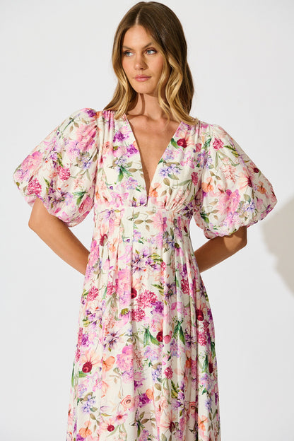 Bloom & Belle Midi Dress in White with Lilac Floral