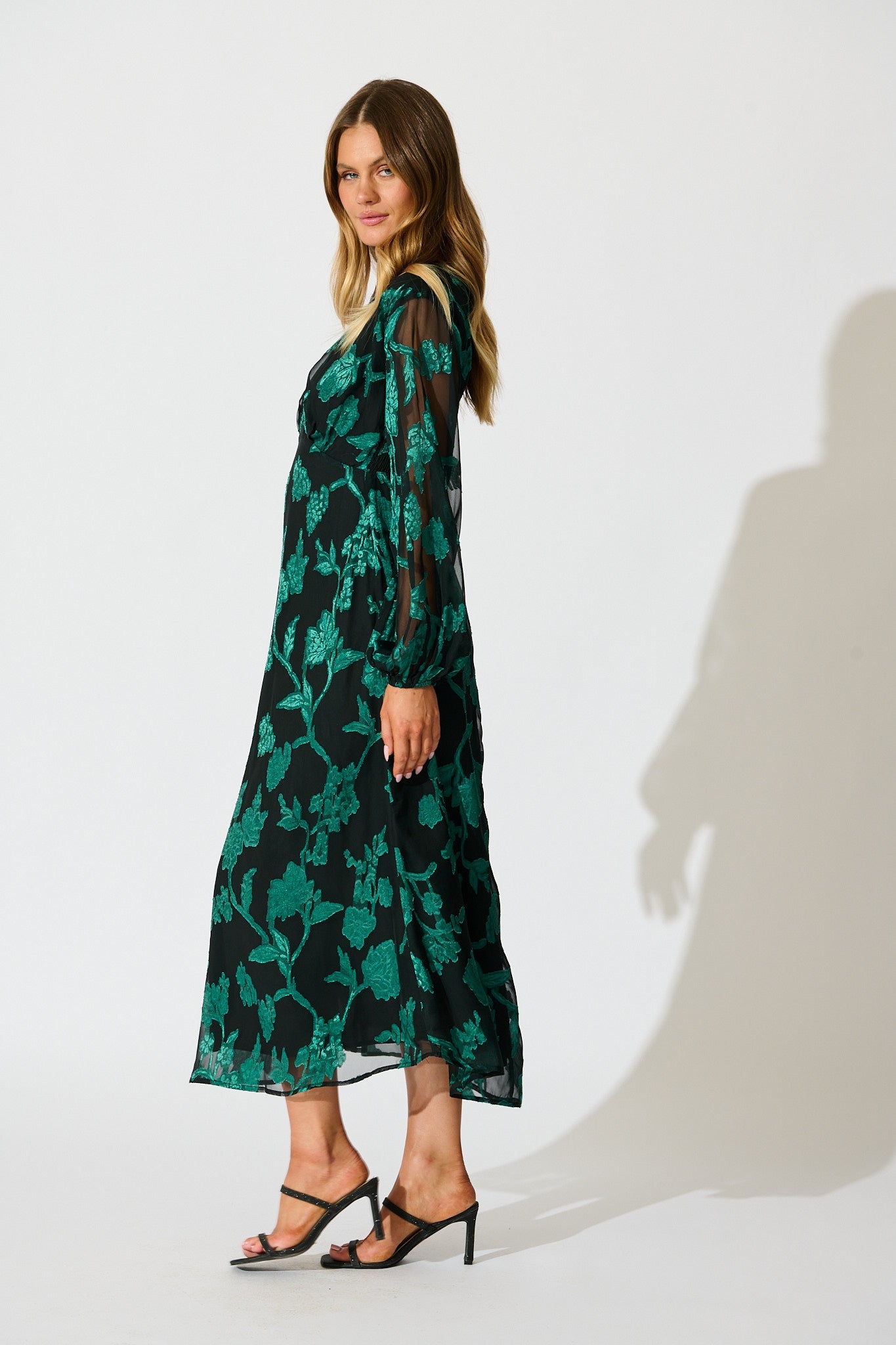 Viola Midi Dress in Black with Emerald Floral Burnout Chiffon