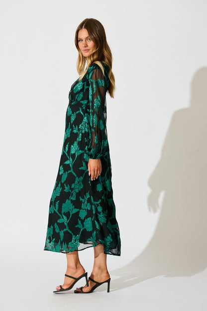 Viola Midi Dress in Black with Emerald Floral Burnout Chiffon