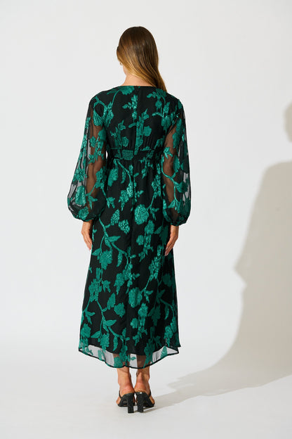 Viola Midi Dress in Black with Emerald Floral Burnout Chiffon