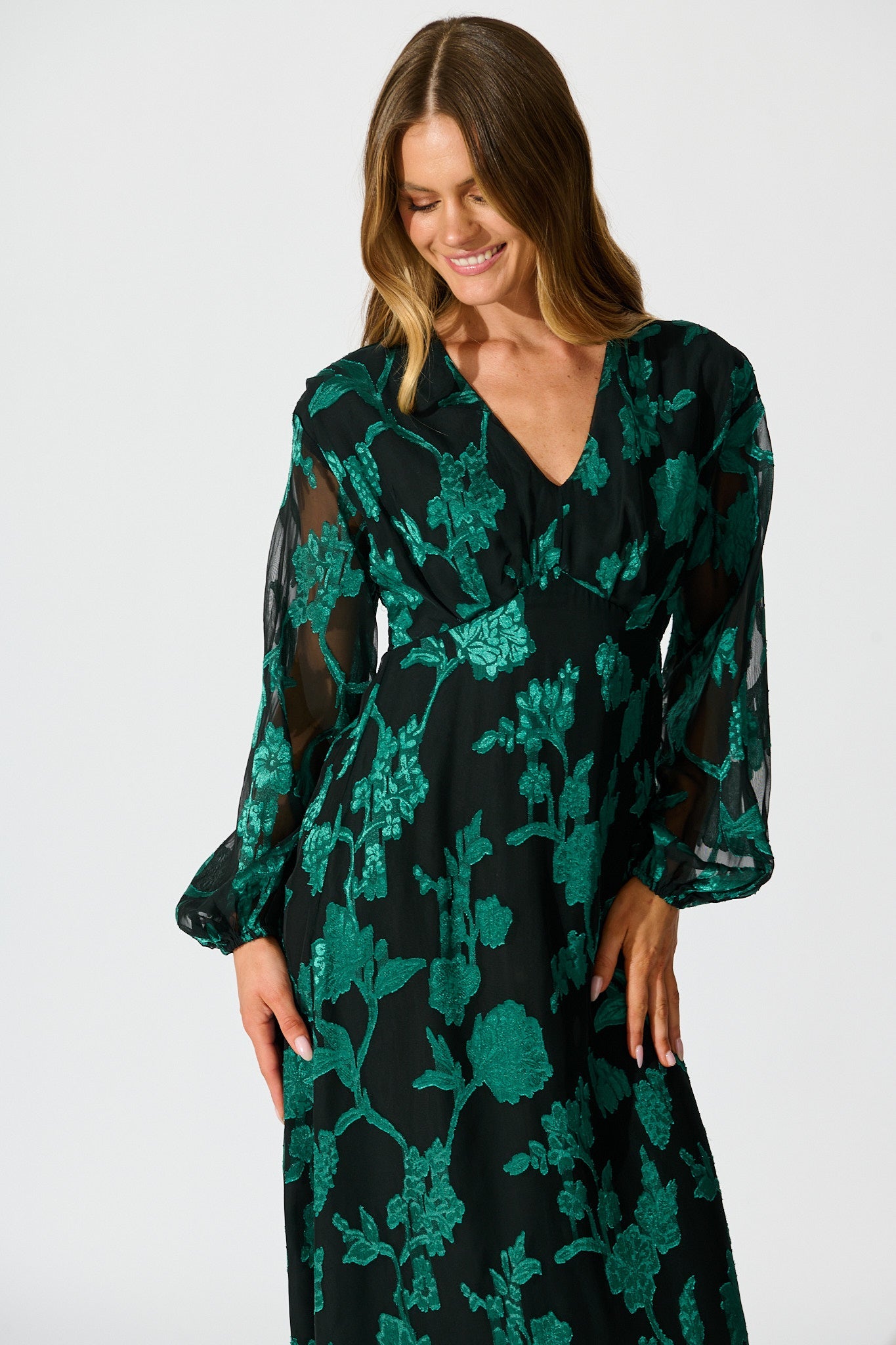 Viola Midi Dress in Black with Emerald Floral Burnout Chiffon
