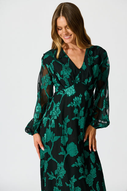 Viola Midi Dress in Black with Emerald Floral Burnout Chiffon
