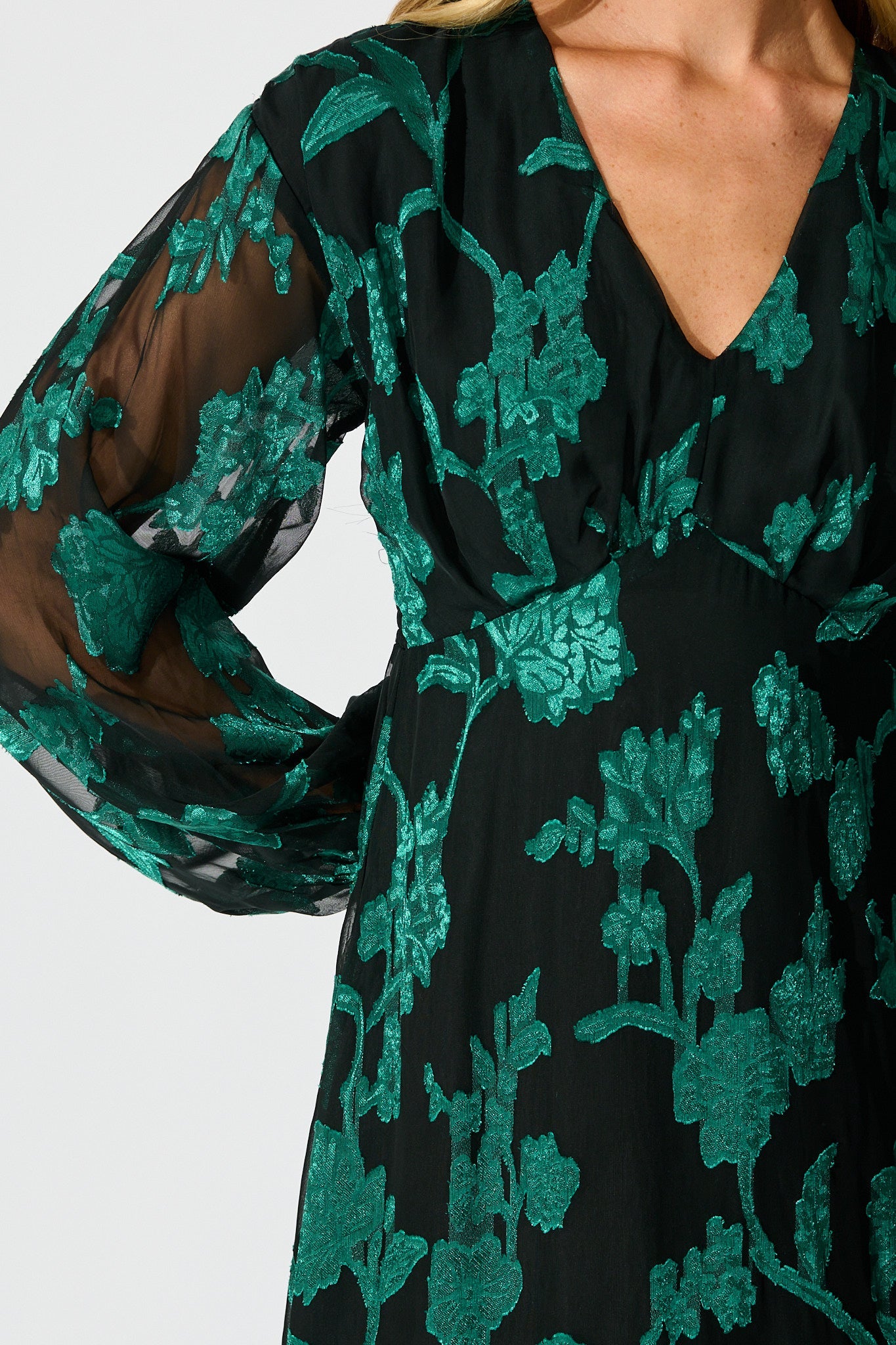 Viola Midi Dress in Black with Emerald Floral Burnout Chiffon