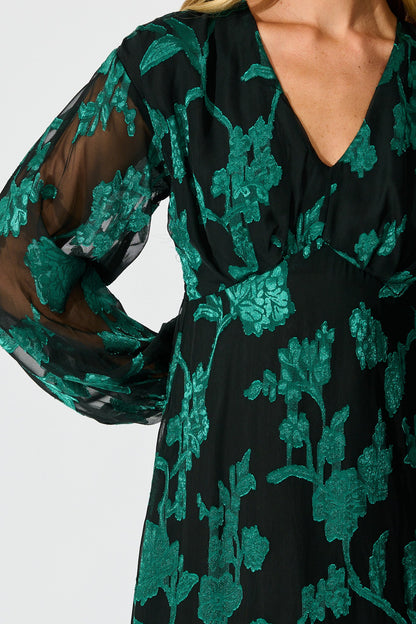 Viola Midi Dress in Black with Emerald Floral Burnout Chiffon