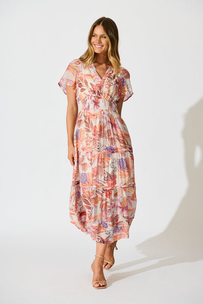 Monet Maxi Dress in Multi Tan Leaf Print