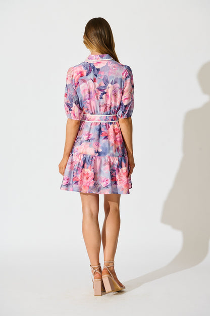 Krista Shirt Dress in Blue with Pink Floral Cotton