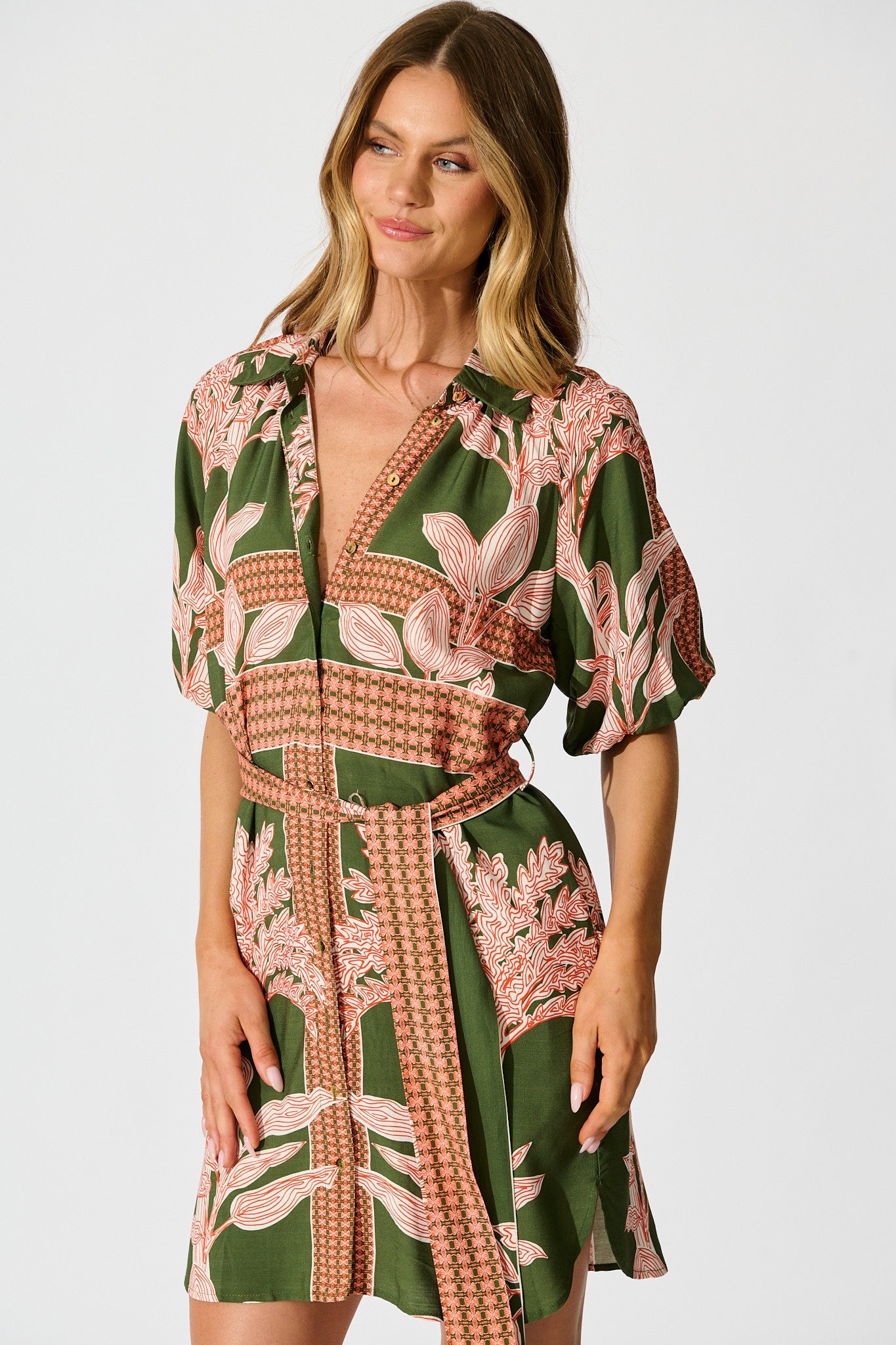 Jordana Shirt Dress in Khaki Placement Print