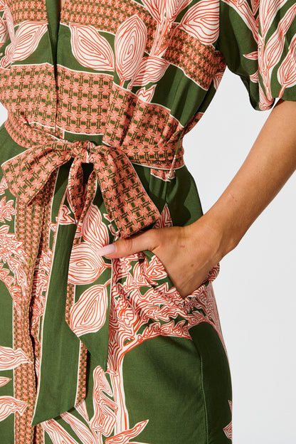 Jordana Shirt Dress in Khaki Placement Print