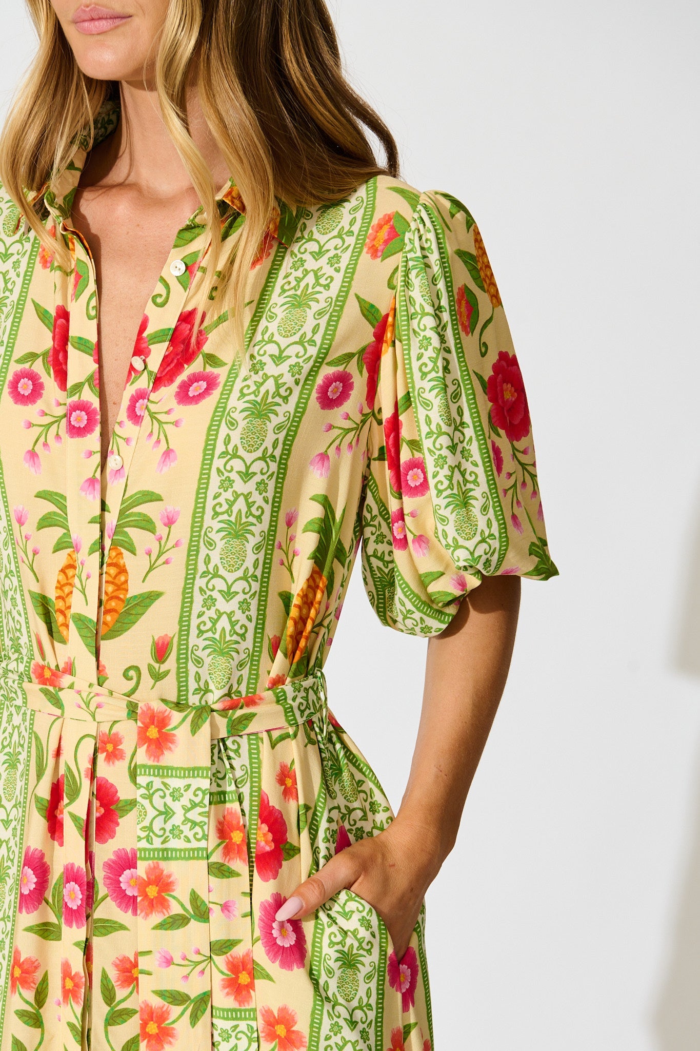 Tropicana Maxi Shirt Dress in Pineapple Print