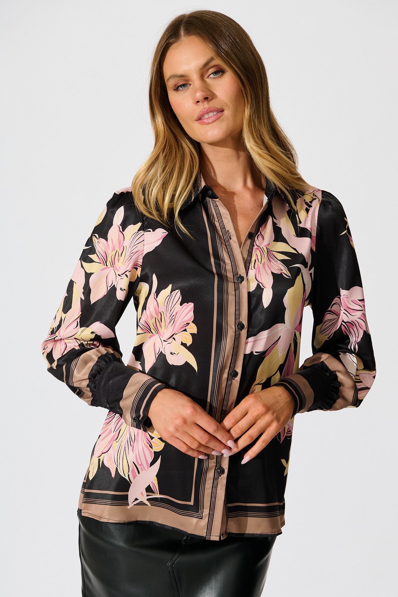 Callia Shirt in Black with Blush Floral Border Print Satin