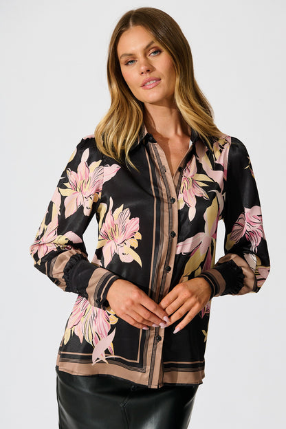 Callia Shirt in Black with Blush Floral Border Print Satin