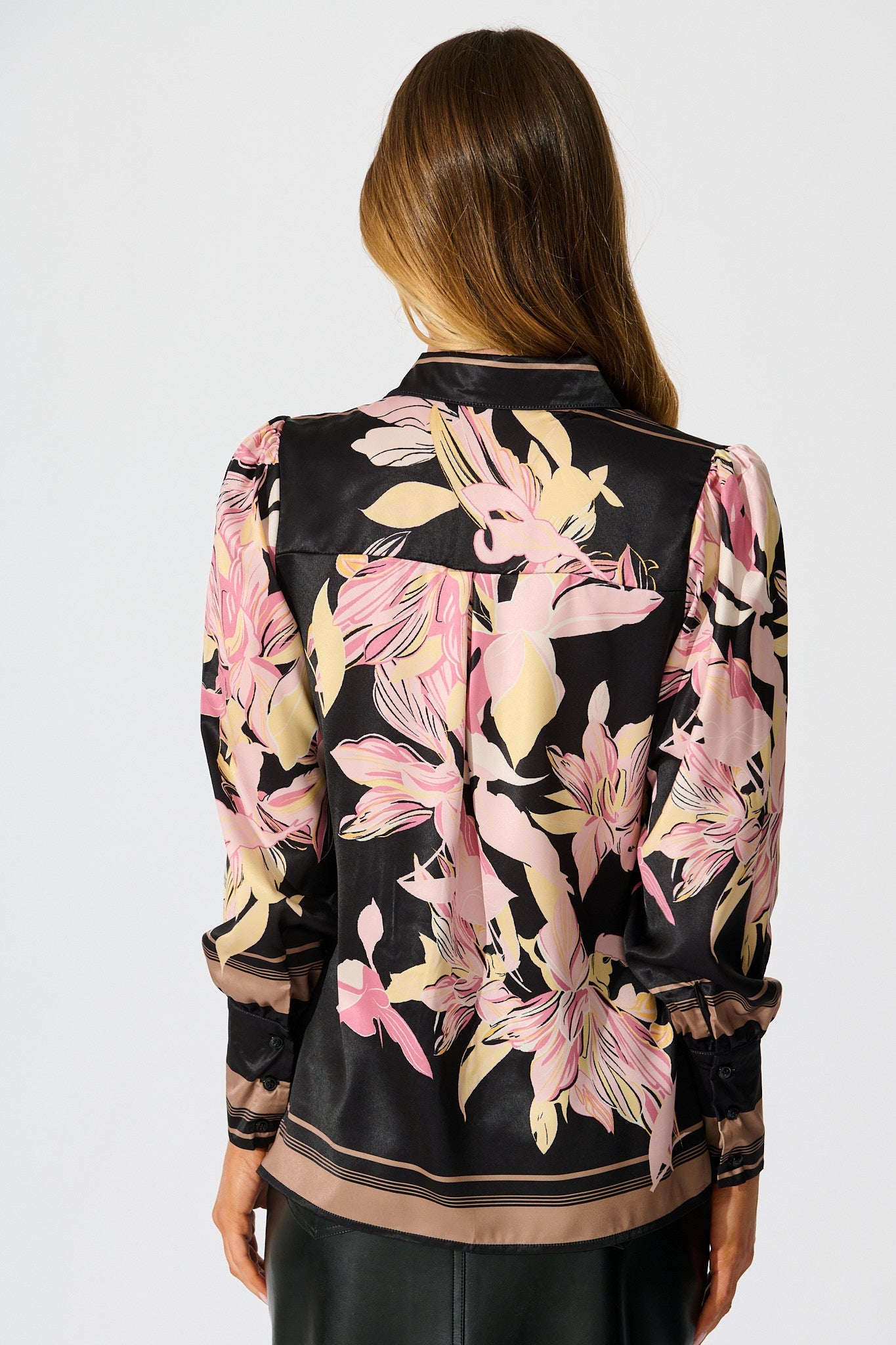 Callia Shirt in Black with Blush Floral Border Print Satin