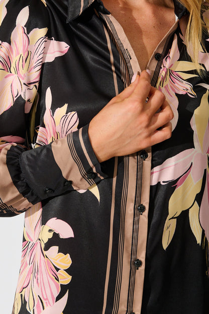 Callia Shirt in Black with Blush Floral Border Print Satin