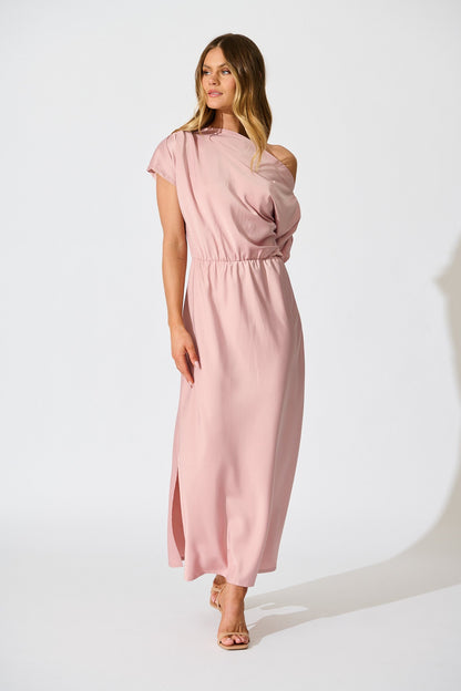 Forever And Always Maxi Off Shoulder Dress in Blush Satin