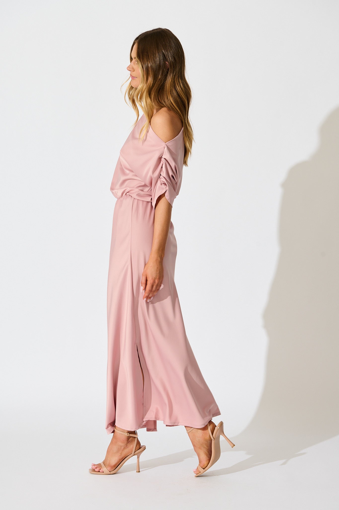 Forever And Always Maxi Off Shoulder Dress in Blush Satin
