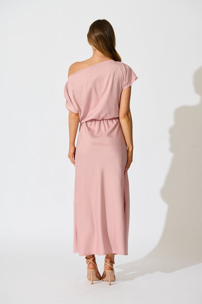 Forever And Always Maxi Off Shoulder Dress in Blush Satin