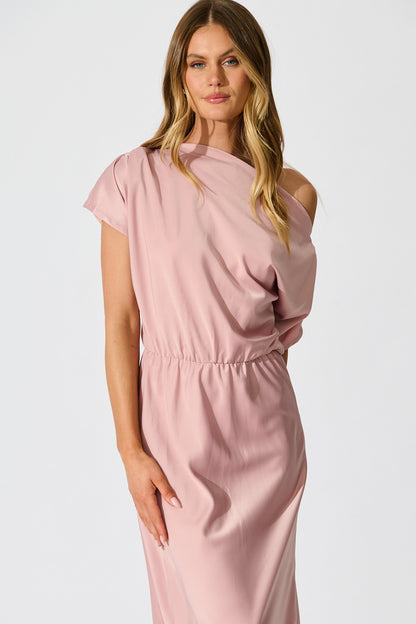 Forever And Always Maxi Off Shoulder Dress in Blush Satin